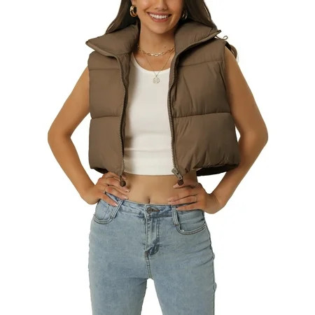 Unique Bargains Women's Padded Vest High Stand Collar Zip Crop Fashion Jacket Puffer Vests S Brown | Walmart (US)