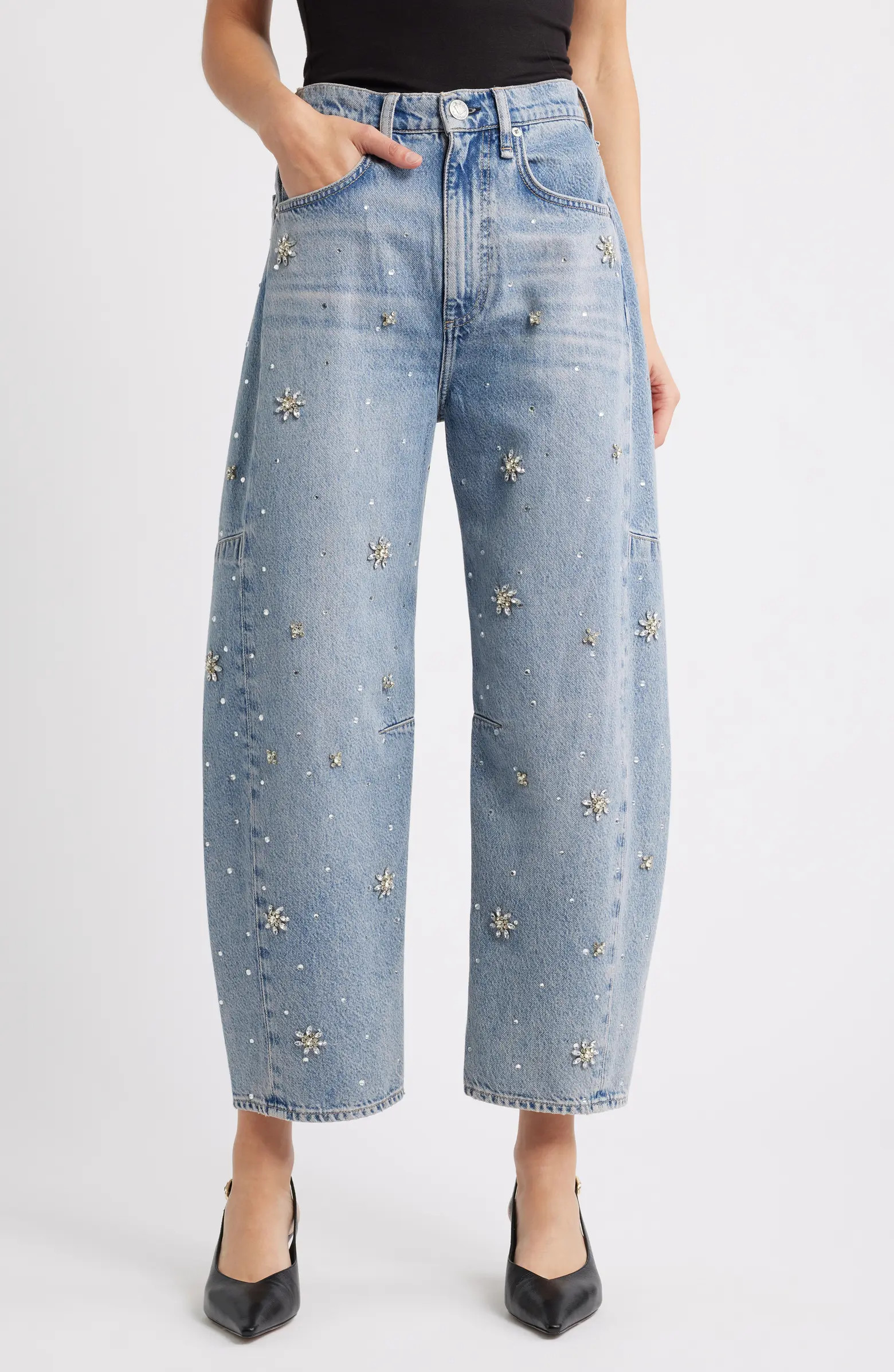 Charlie Flower Crystal High Waist Ankle Barrel Jeans | Nordstrom