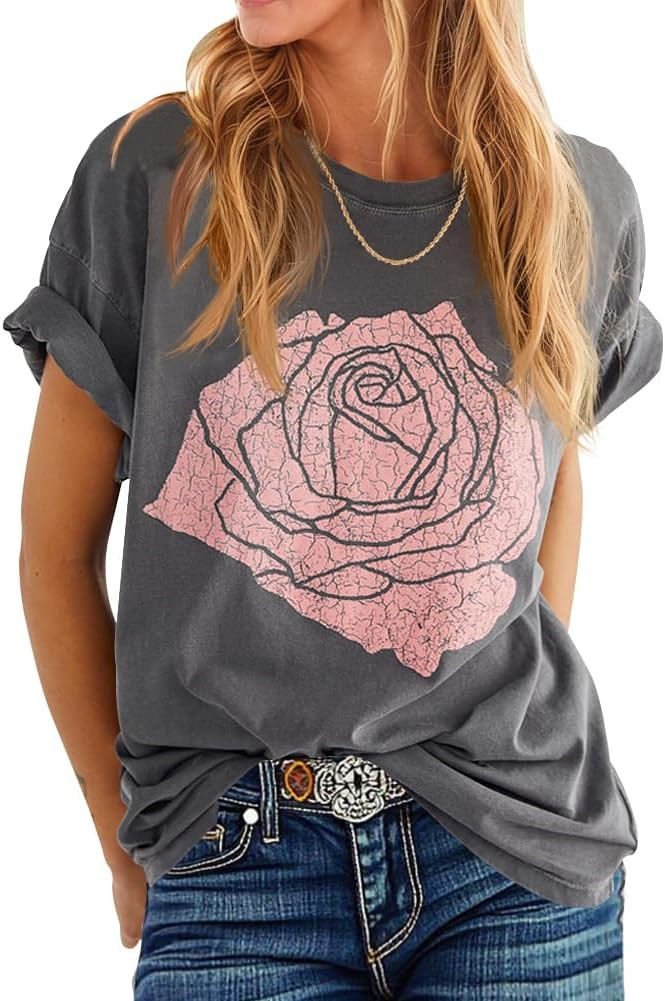 Womens Rose Graphic Tee T Shirt Loose Fit Summer Short Sleeve Casual Boyfriend Crew Neck Tops | Amazon (US)