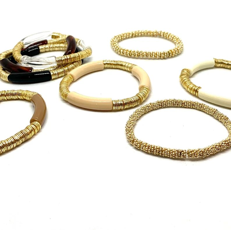 Skinny Acrylic Tube Bracelet/Multi color Tube Bracelet with Gold Disc/Acrylic Bamboo Bracelet/Boh... | Etsy (US)