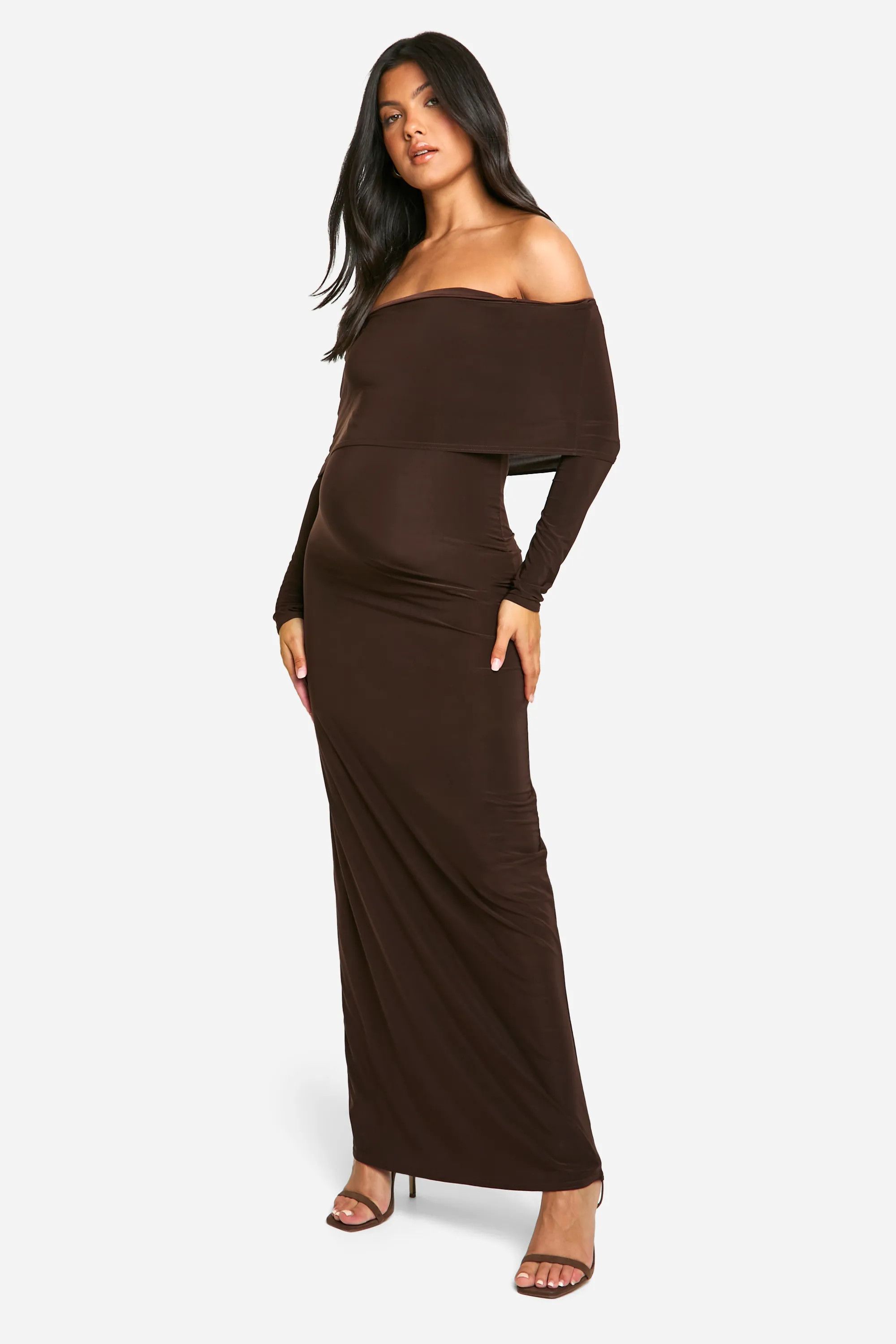 Chocolate Maternity Slinky Deep Bardot Long Sleeve Maxi Dress | Boohoo | Boohoo.com (UK & IE)