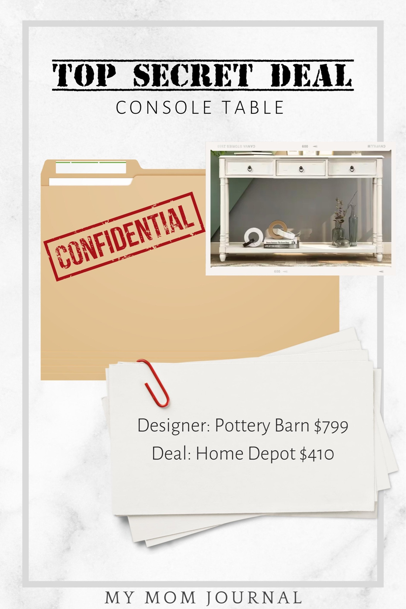 Top Secret Deal! This console table sells for $799 at Pottery Barn but is $410 at Home Depot!

#topsecret #deals #potterybarn #homedepot #mymomjournal #homedecor #dotd