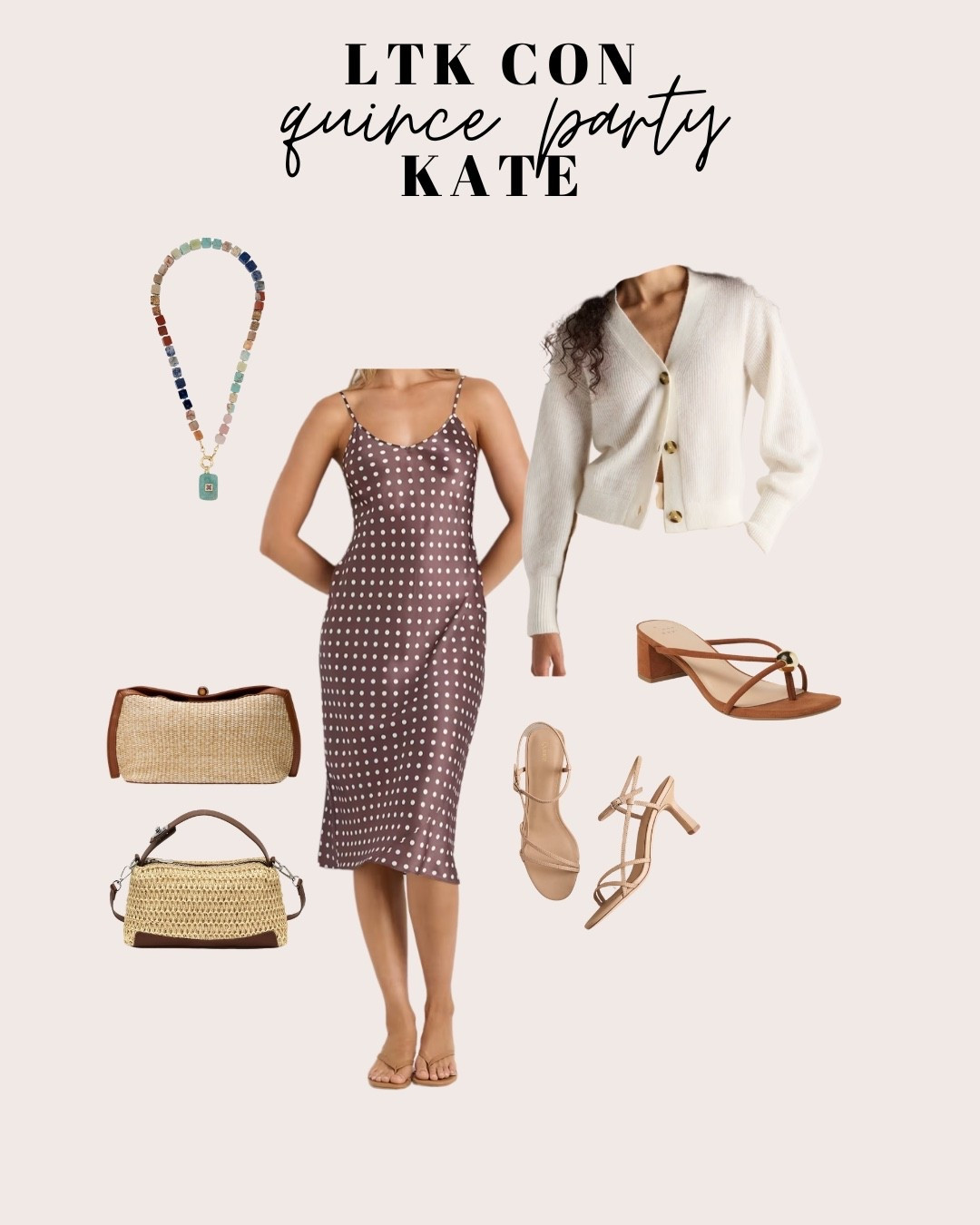 Coastal fall outfit idea for a fun party!  Brown polka dot dress with sweater tied around neck and beautiful colorful necklace

#LTKSeasonal