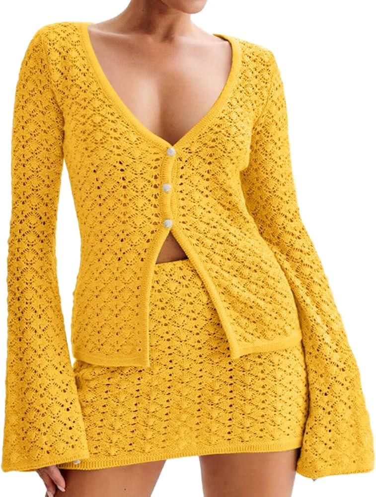 Women Crochet 2 Piece Outfits Set Swimwear Cover Up Flared Long Sleeve Button Down Tops Beach Min... | Amazon (US)