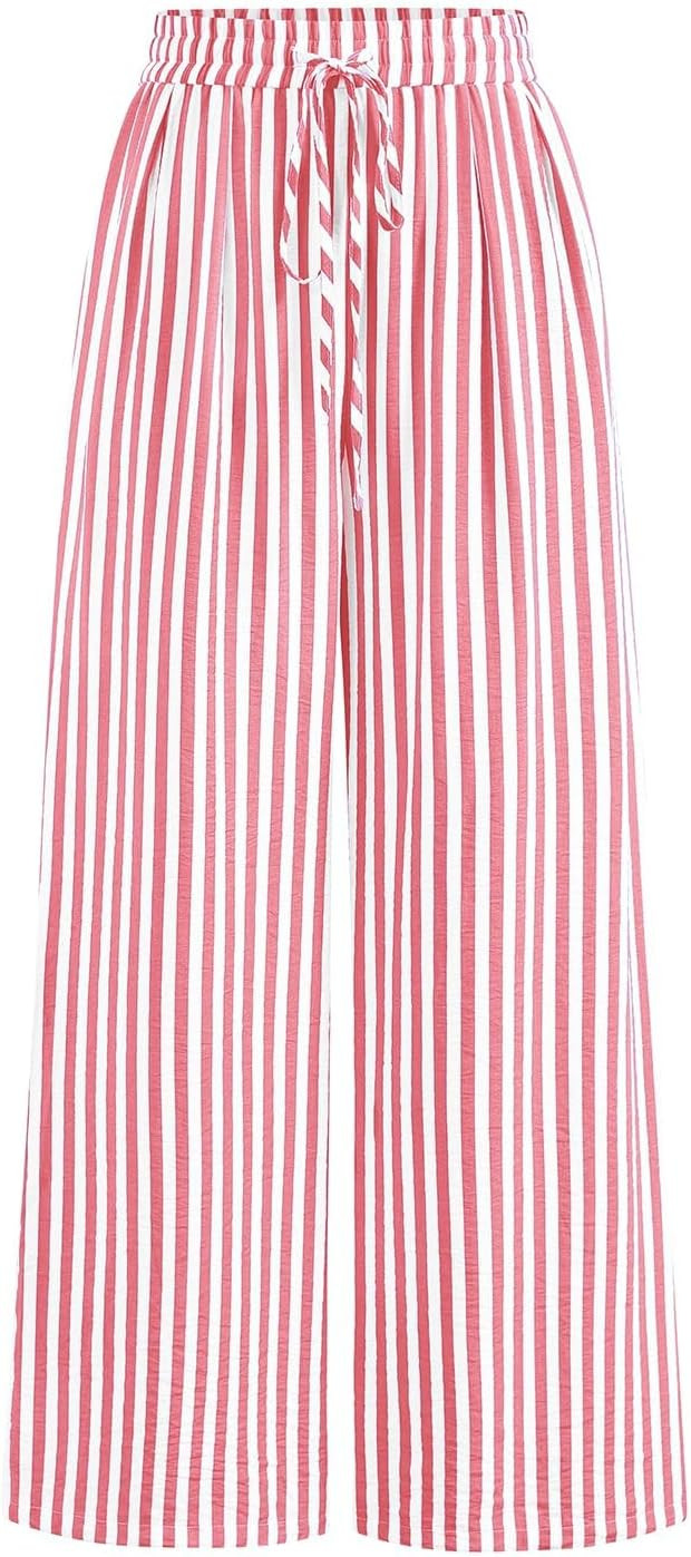 PRETTYGARDEN Womens Pants Elastic Waist Striped Lightweight Palazzo Pant | Amazon (US)