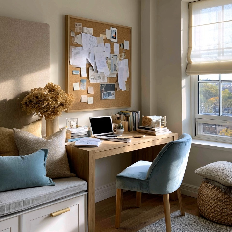 The era of bulky desks is quietly coming to an end.

As more of our work, notes, files, books, calendars, and even meetings move into the digital world, we're seeing a shift toward simpler, cleaner, more intentional workspaces.

A beautiful desk doesn't need drawers on every side.

It simply needs enough space for your ideas.

At Elegant & Driven, we love simple wooden desks because they create visual calm. They don't overwhelm the room. They allow natural light to flow, make small spaces feel larger, and create a workspace that feels inspiring rather than cluttered.

And if there's one addition we recommend, it's a cork board.

Not just for organization.

For visualization.

Pin your goals. Save your inspirations. Display your sketches, mood boards, travel dreams, business plans, and creative ideas where you can see them every day.

Ideas hidden inside a notebook are easy to forget.

Ideas displayed in front of you become part of your daily environment.

Complete the look with a soft velvet chair in your favorite color. The natural wood brings grounding energy, the cork board fuels creativity, and the velvet adds comfort for the hours spent building something meaningful.

✨ Simple desk.
✨ Visible ideas.
✨ Intentional creativity.

Sometimes the most productive workspace is also the simplest.

What would you pin on your cork board first?

#HomeOffice #ElegantAndDriven #CorkBoardIdeas #DeskSetup #WorkspaceDesign 

 #LTKHome #LTKMens