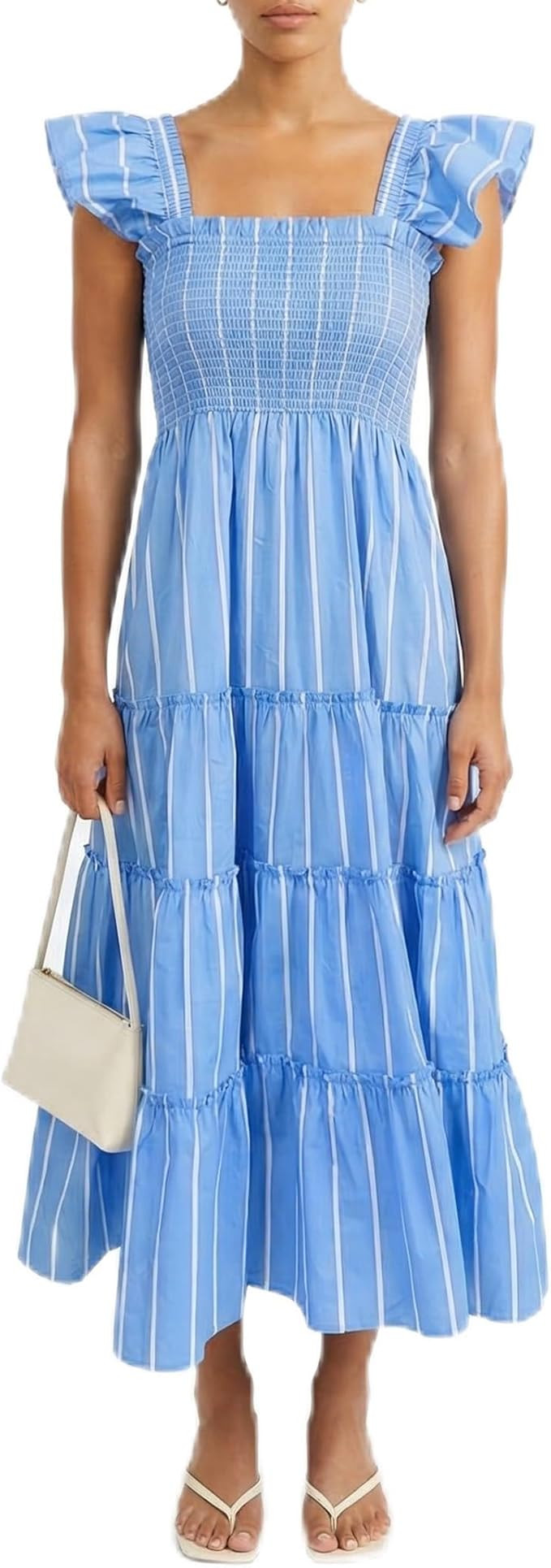 Women’s Striped Smocked Midi Dress with Ruffle Straps, Square Neck Tiered Flowy Sundress | Amazon (US)
