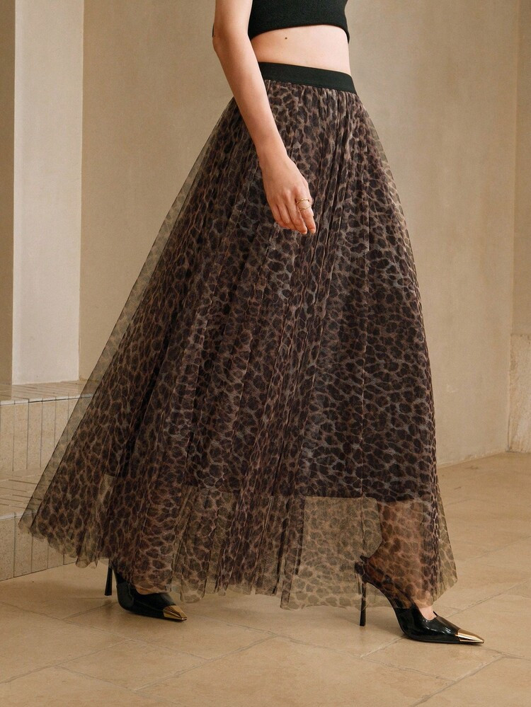 Arave Women's Woven Mesh Leopard Print Digital Print Fabric Elastic Waist Double Mesh 3D Leopard Print Design Elegant Date Long Skirt Fall Clothes For Women Cheetah Print | SHEIN