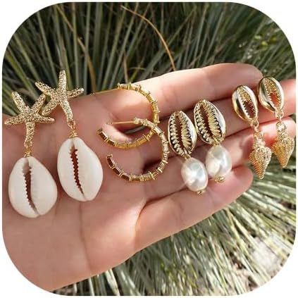 Boho Hoop Earring Gold Seashell Conch Earring Set Pearl Ear Stud Starfish Earrings Jewelry Summer... | Amazon (US)