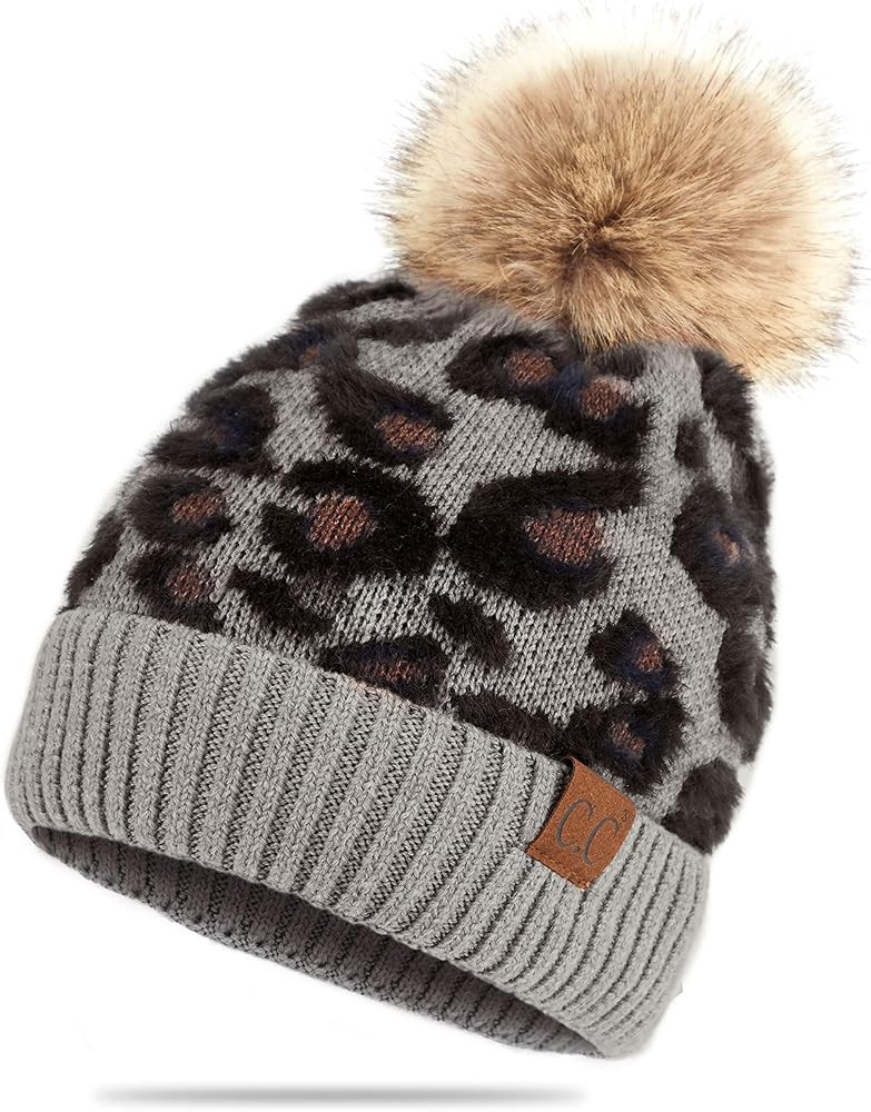 C.C Exclusives Soft Beanie hat with Leopard Pattern and Fur Pom(HAT-7001)(SF-7001) | Amazon (US)
