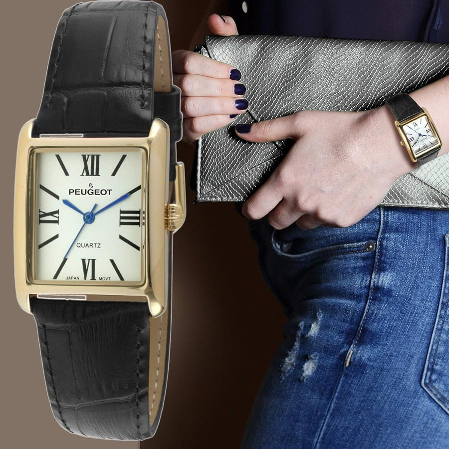 Peugeot Women's 14K Gold Plated Tank Leather Dress Watch with Roman Numerals Dial | Amazon (US)