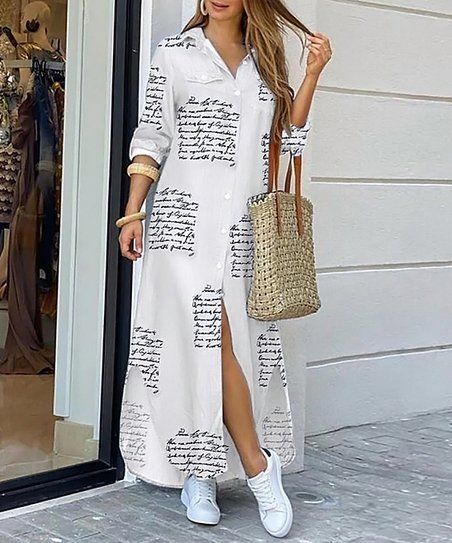 White Script Button-Up Maxi Dress - Women | Zulily