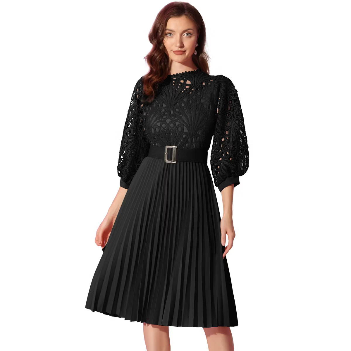 INSPIRE CHIC Women's Floral Lace Panel 3/4 Sleeves Belted A-Line Pleated Dresses | Target