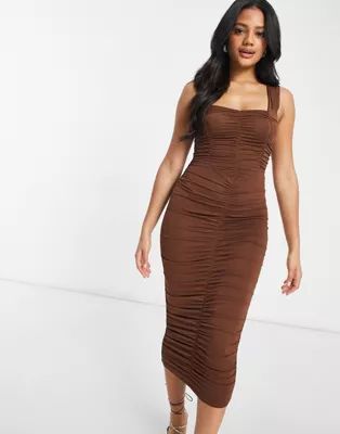 ASOS DESIGN sweetheart neckline ruched midi body-conscious dress in chocolate | ASOS (Global)