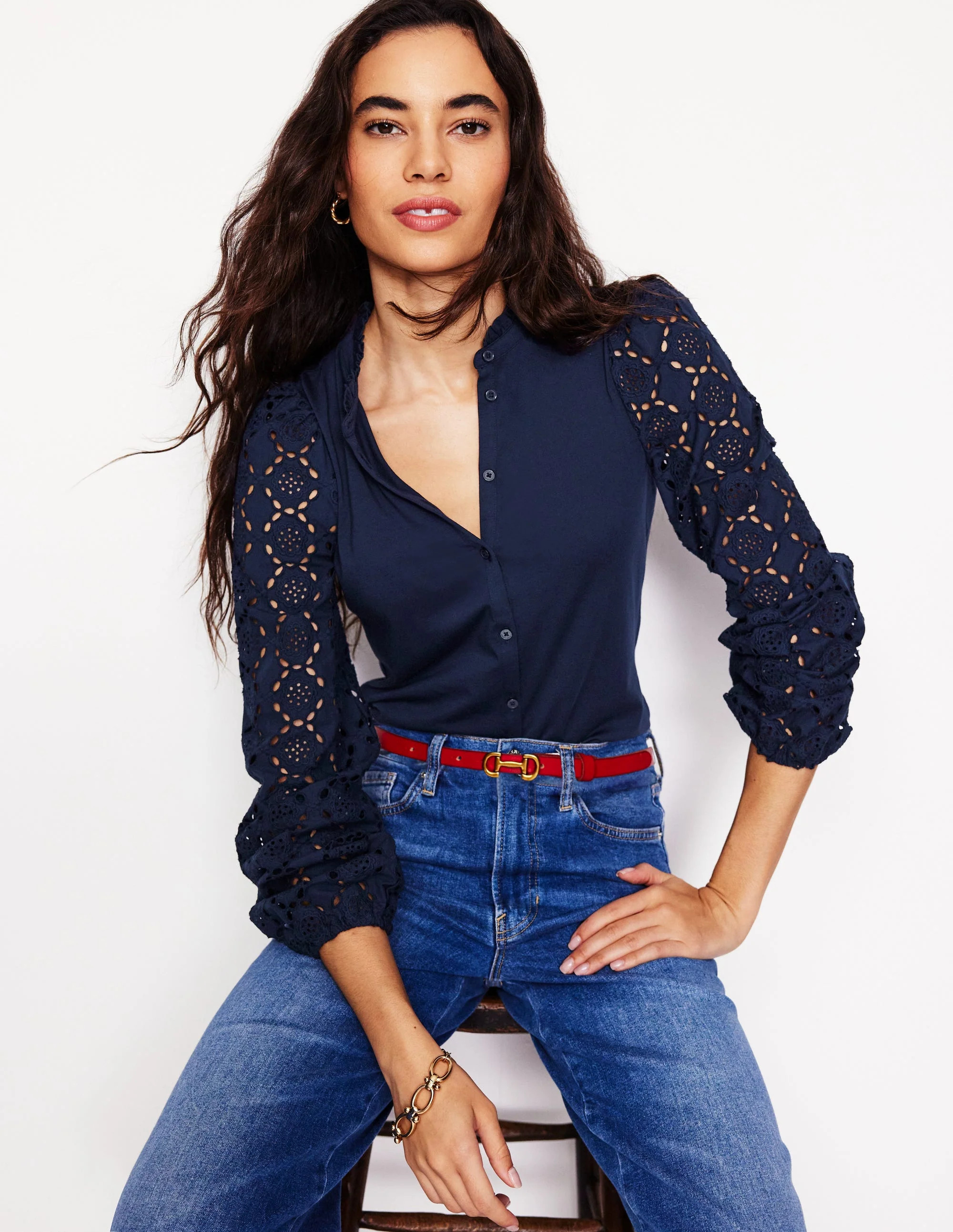 Eden Broderie Blouse-Navy | Boden (US)