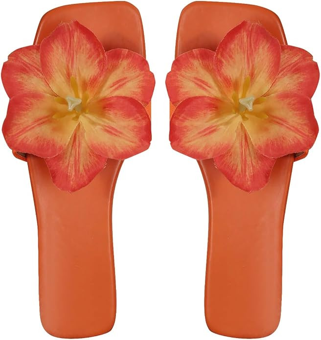 OYOANGLE Women's 3D Floral Boho Sandals Square Open Toe Slip On Slides | Tropical Flower Flats, S... | Amazon (US)