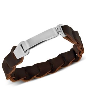 Men's Stainless Steel Bracelet, Brown Leather Wrap Bracelet | Macys (US)