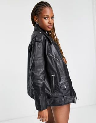 ASOS DESIGN oversized leather moto jacket in black | ASOS (Global)