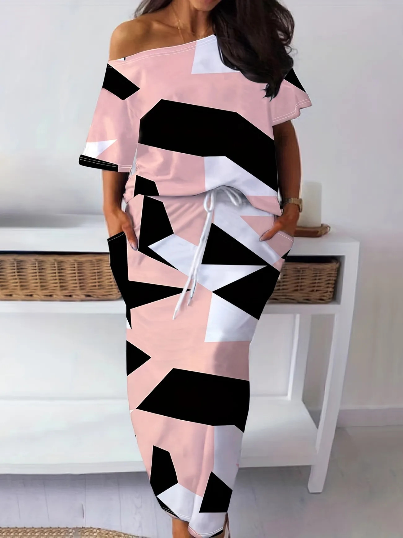 Plus Size Casual Outfits Set, Women's Plus Colorblock Geometric Print One Shoulder Short Sleeve T... | Temu Affiliate Program