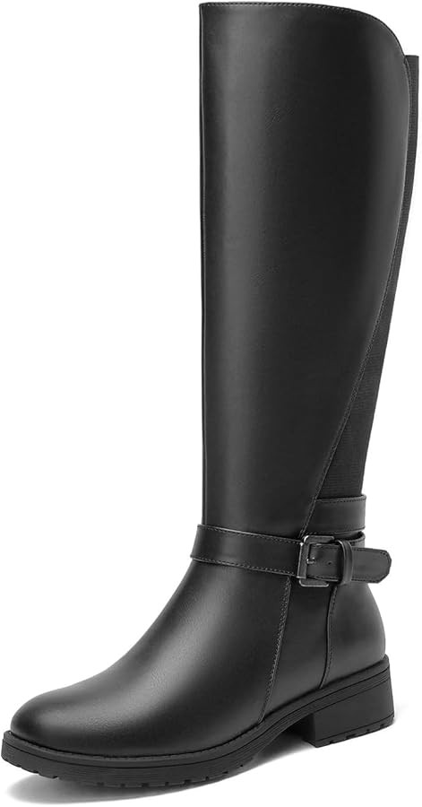 ALLOT Women's Stretch Knee High Boots Low Block Heel Buckle Strap Classic Riding Boots Ladies Sid... | Amazon (US)