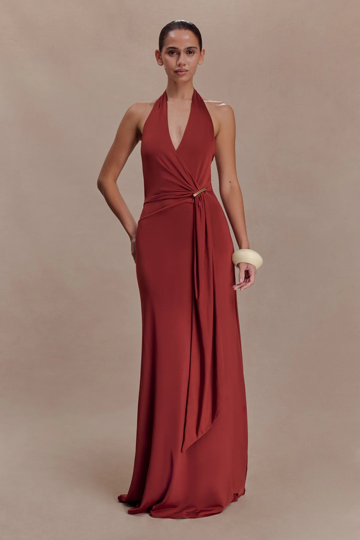 Veda Slinky Halter Maxi Dress - Russet | MESHKI US