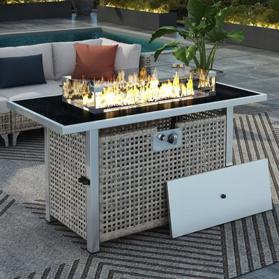 43-Inch Outdoor Rectangular Propane Fire Pit Table, 60,000 BTU, Open Wicker with Glass Wind Guard, Grey | Target