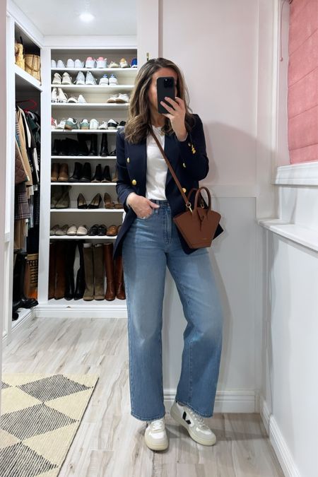 Blazer in size 2 - probably my favorite one. 
These jeans are sold out at Madewell. Linking another wide leg option which I have. Runs tts  
Sneakers in size 39 (I’m 8.5). 


#LTKstyletip #LTKshoecrush #LTKSeasonal