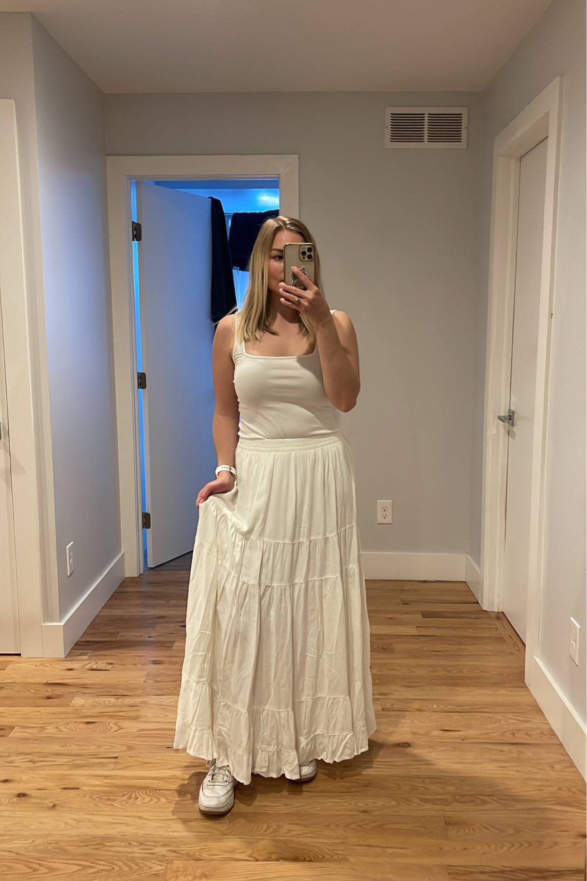 Finally found a flowy maxi skirt I liked (I’m picky) and ordered asap. Wearing a bodysuit and when I bend over you can’t see anything! Skirt is lined and perfect mix of good quality but not toooo heavy of a skirt. 