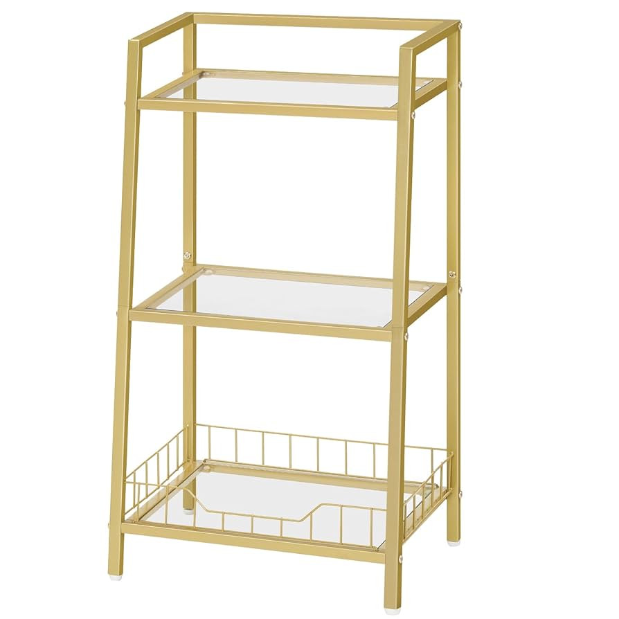 HOOBRO Gold Glass Shelf Stand, 3 Tier Standing Shelf Unit, Bathroom Organizer and Storage, Floor ... | Amazon (US)