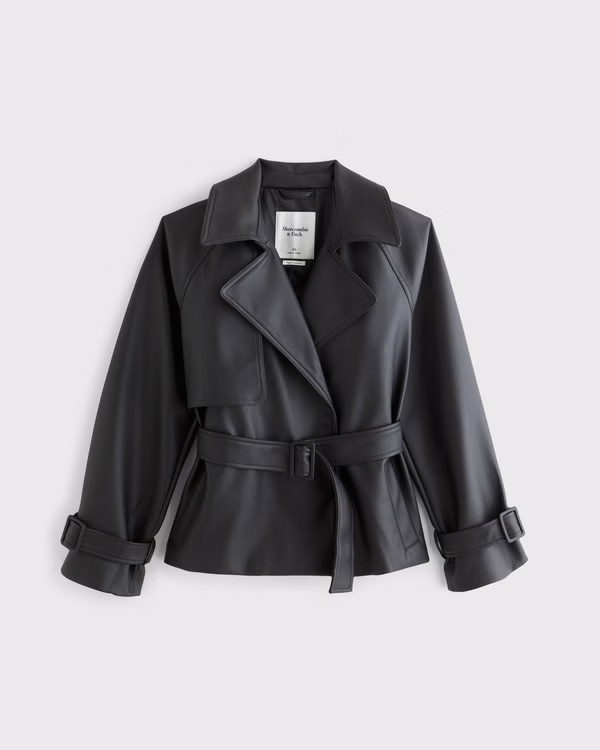 Vegan Leather Short Belted Trench Coat | Abercrombie & Fitch (US)