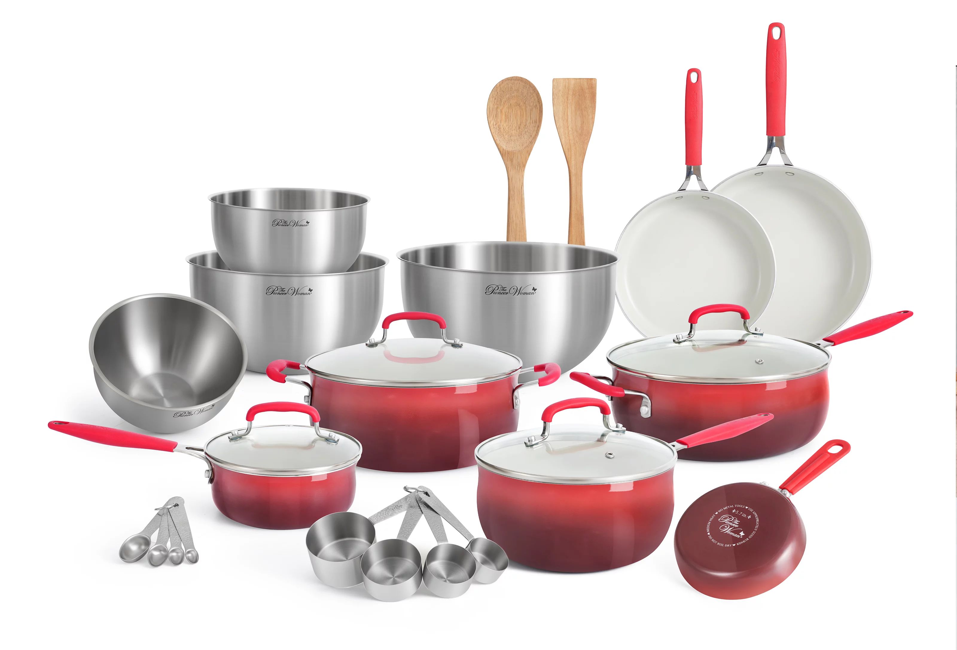 The Pioneer Woman 25 Piece Ceramic Nonstick Aluminum Easy Clean Cookware Set, Ombre Red - Walmart... | Walmart (US)