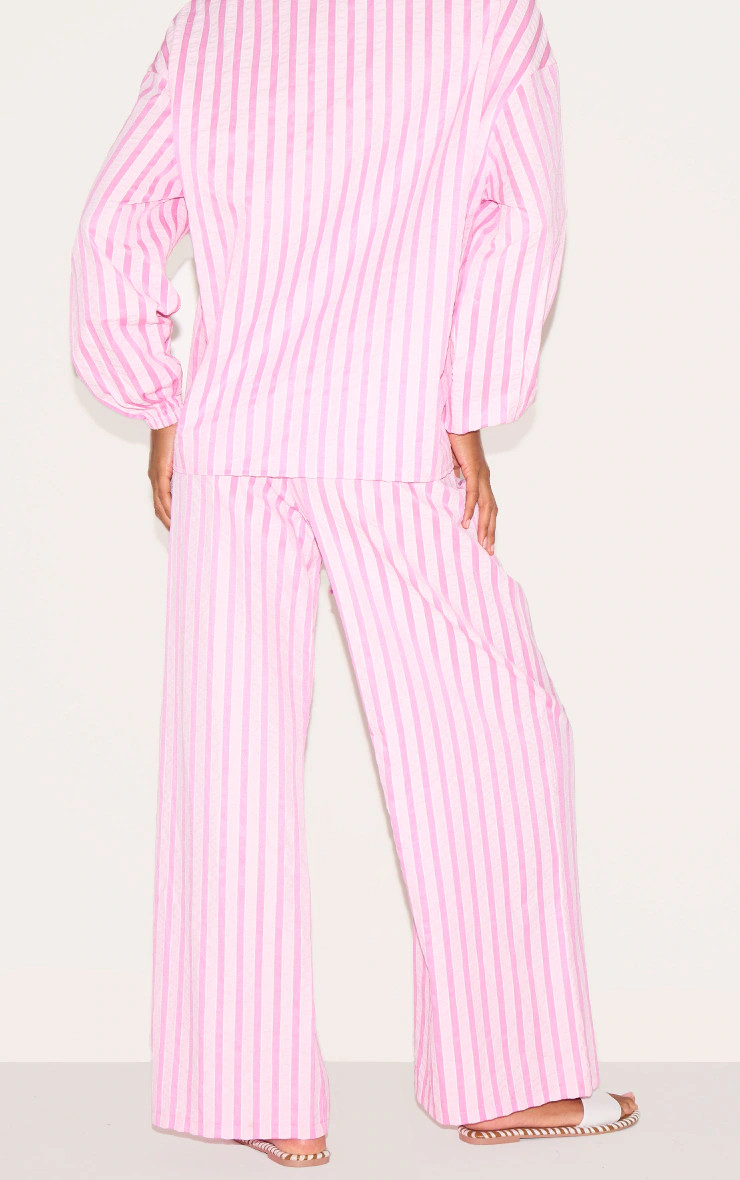 Pink Striped Textured Tie Drawstring Wide Leg Pants | PrettyLittleThing US