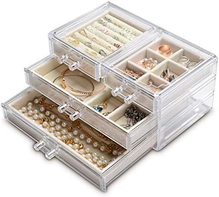 Acrylic Jewelry Box 4 Drawers,Clear Jewelry Organizer Velvet Rings Necklaces Earring Bracelets Di... | Amazon (US)