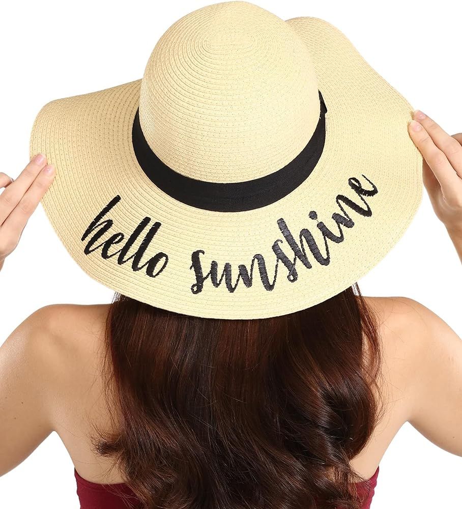 Floppy Beach Sun Hat for Women - Vacation, Honeymoon Embroidered Straw Hat - Big, Foldable, Large Br | Amazon (US)