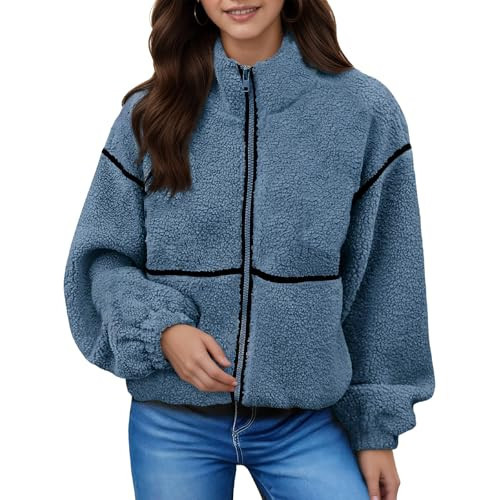 Tearsand Women's Winter Faux Fur Coats 2026 Sherpa Fleece Jacket Zip Up Fall Oversized Long Sleeve Outerwear Warm Trendy Clothing(Blue,XL) | Amazon (US)