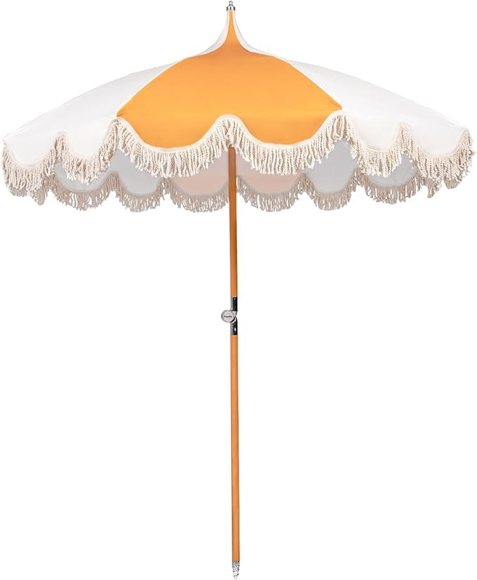 6.5ft Pagoda Beach Umbrella with Fringe, UPF 50+ Boho Umbrellas with Carry Bag, Premium Wood Pole... | Amazon (US)