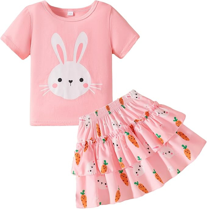 Little Girls Skirt Set - 2 Piece Short Sleeve Top Shirred Tiered Skirt Outfit Girls Spring Summer... | Amazon (US)