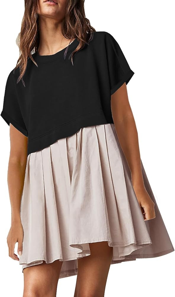 SAUKOLE Womens Summer Crew Neck Short Sleeve Dress Patchwork Pleated A Line Beach Boho Mini Dress | Amazon (US)