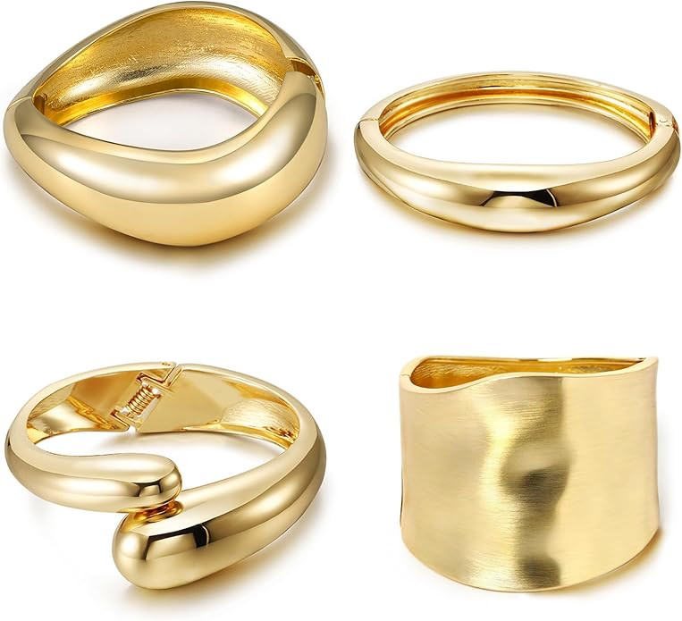 4 Pcs Women Golden Silvery Cuff Bracelet Hinged Design Bracelet Trendy Chunky Cuff Bangle Thick G... | Amazon (US)