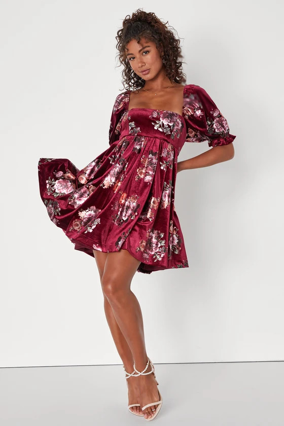 Adorably Darling Burgundy Velvet Floral Print Babydoll Dress | Lulus (US)