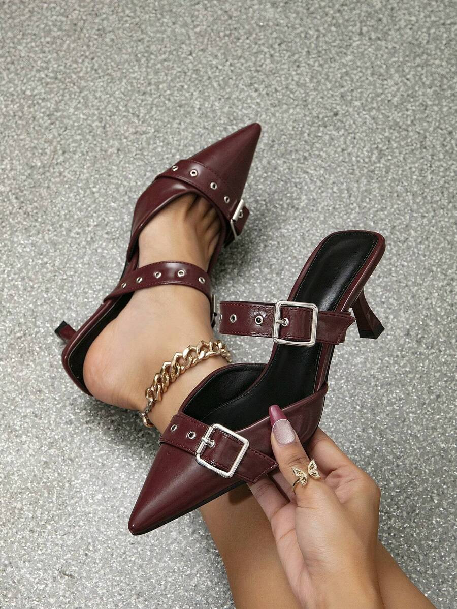 European And American Style Pointed High Heel Shoes For Women With Double Buckle Straps And Rivet... | SHEIN