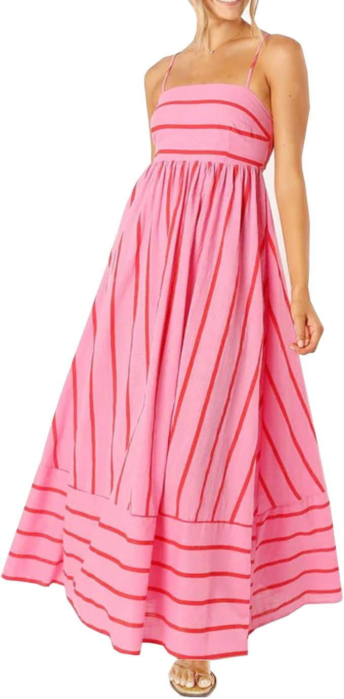 ZHANCHTONG Women's Striped Maxi Dress Sexy Spaghetti Strap Back Smocked Cut Out Flowy Swing Beach... | Amazon (US)