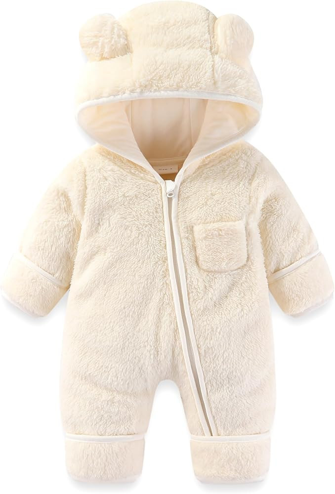 Newborn Baby Bear Outfit With Fold-Over Mittens and Footies Girls Boys Winter Fleece Clothes Hood... | Amazon (US)