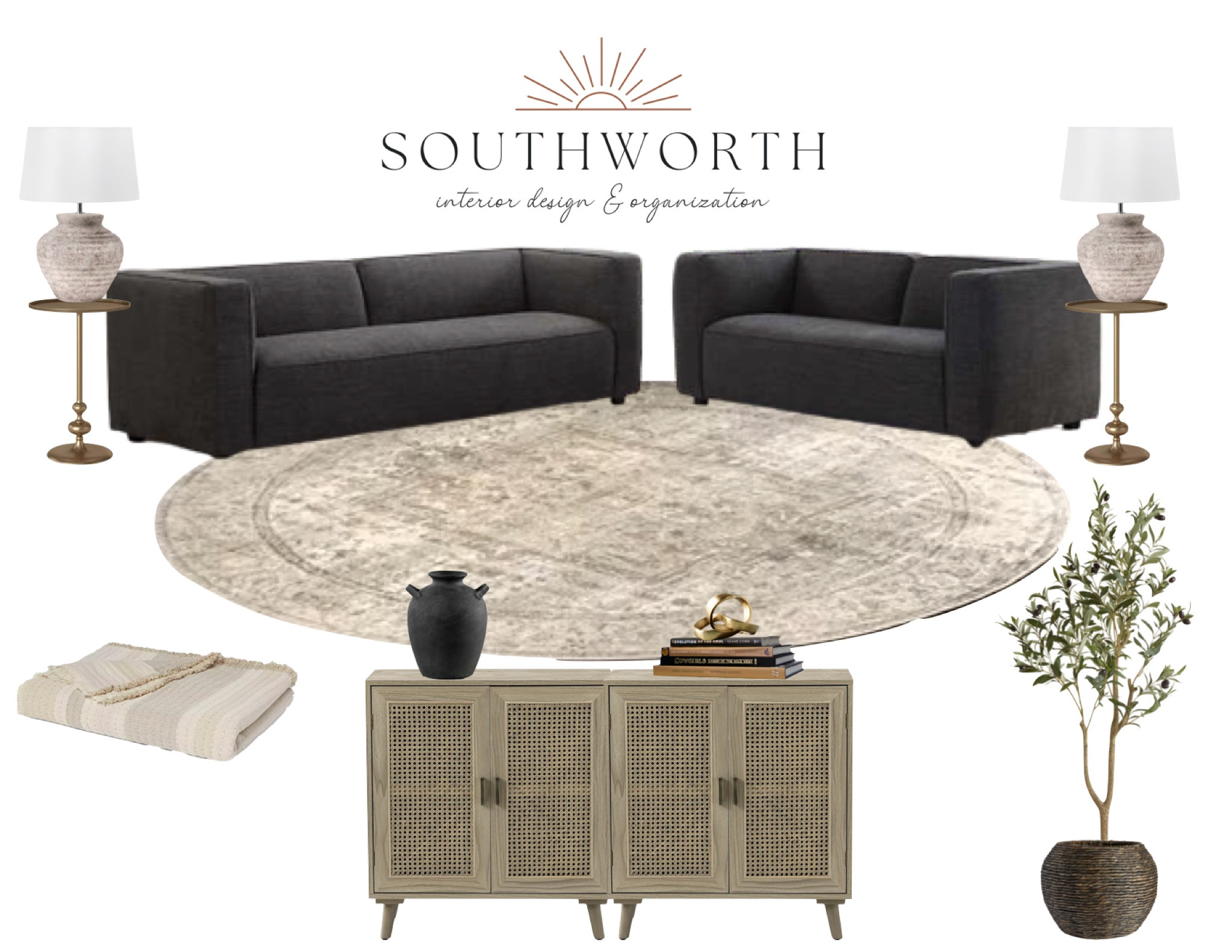 Shop this living room design by Southworth Interior Design! 

round rug, area rug, faux tree, olive tree, console table, table lamp, pedestal table, ceramic vase, woven basket, West Elm, Wayfair, Rejuvenationn 

#LTKfindsunder100 #LTKsalealert #LTKhome