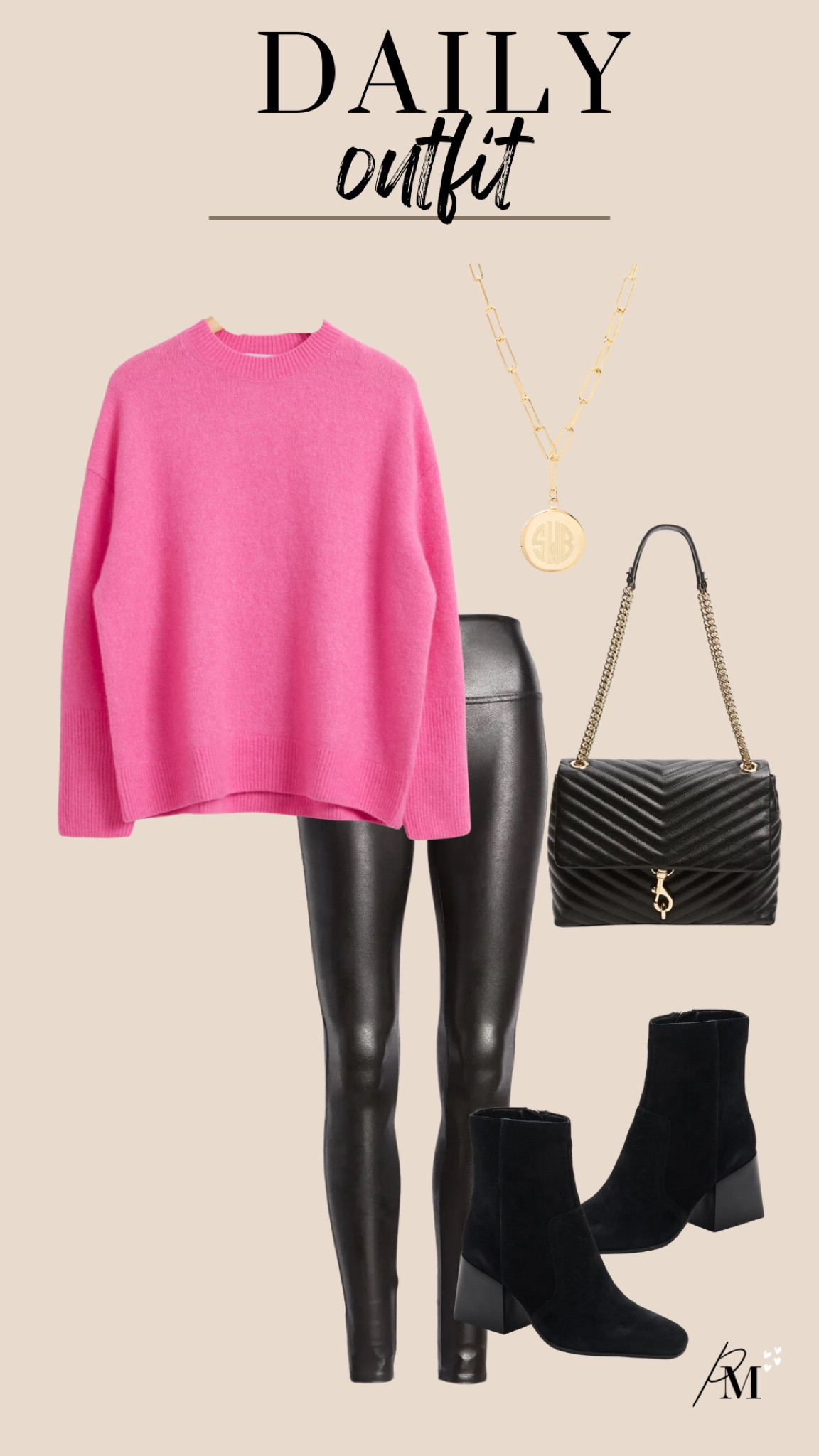 & other stories soft wool crewneck sweater 
spanx faux leather legging 
blondo salome bootie
rebecca minkoff quilted bag 
brooks and york isla personalized locket necklace 

#LTKFind #LTKshoecrush #LTKstyletip