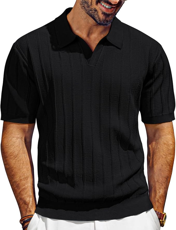PJ PAUL JONES Mens Polo Shirts V-Neck Knit Polo Textured Summer Shirts | Amazon (US)