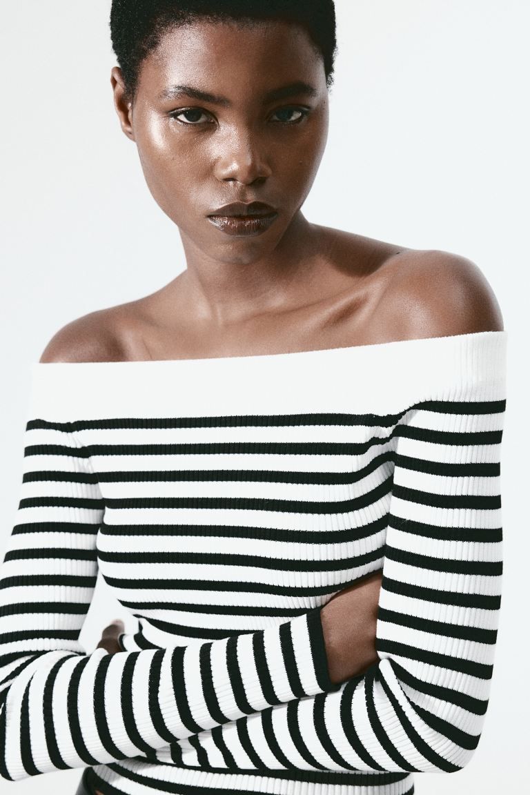Rib-knit Off-the-shoulder Top - White/black striped - Ladies | H&M US | H&M (US + CA)