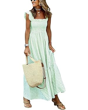 ebossy Women's Fashion Plaid Dress Sleeveless Smocked Ruffle Pleated Boho Party Beach Gingham Max... | Amazon (US)