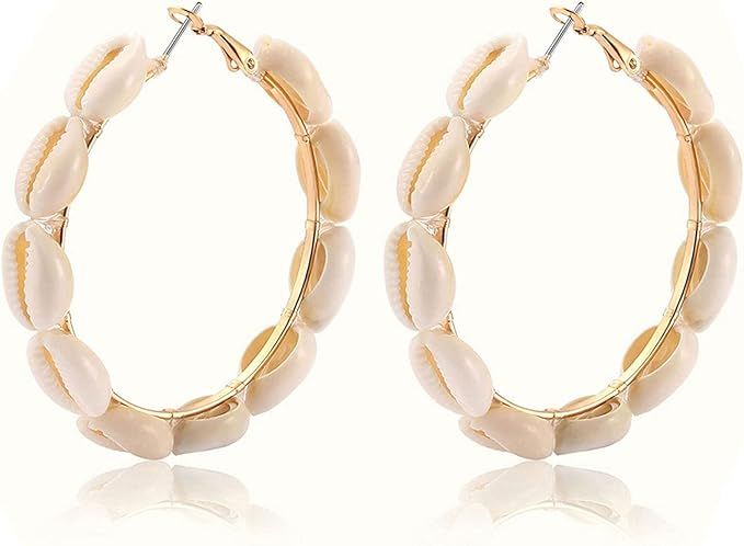Hoop Earrings For Women Natural Cowrie Shell Beads Hoop Earrings Statement Stud Drop Earrings Boh... | Amazon (US)