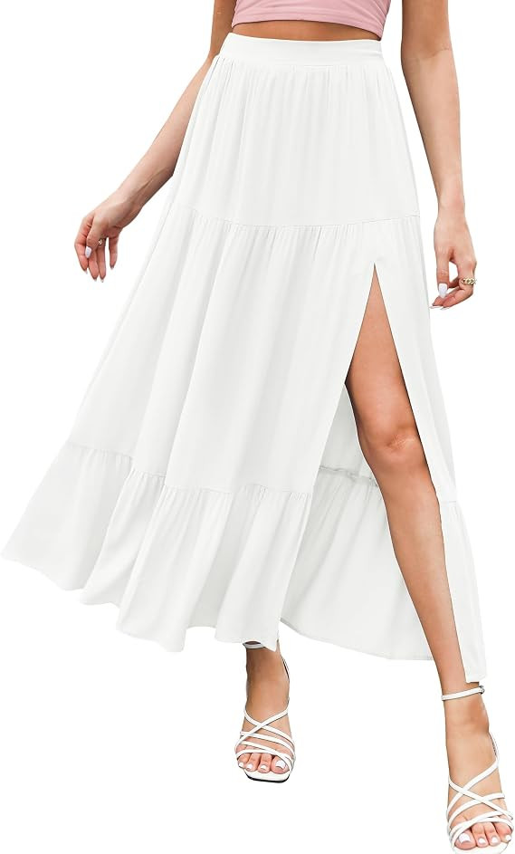HAEOF Women's 2024 Summer High Waist Flowy Maxi Skirt High Slit A Line Beach Boho Long Skirts wit... | Amazon (US)